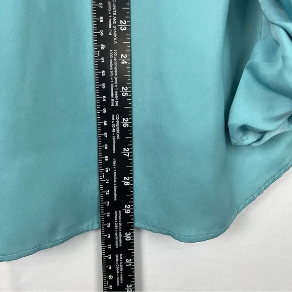 H Halston Sweater Womens Small Turquoise Blue Green Knit Front Satiny Back Ruch - Picture 7 of 8
